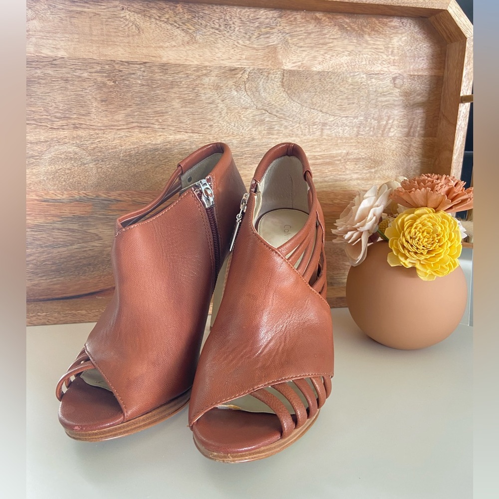 Calvin Klein open toe brown leather booties